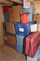 Dozen plastic totes, 2 large boxes, 2 suitcases;