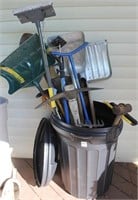 trash can with alu. flat shovel; ground spade;