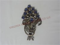 Vintage Silver Tone & Blue Floral Brooch / Pin
