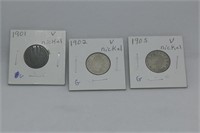 (3) V nickels (1901,02,05)