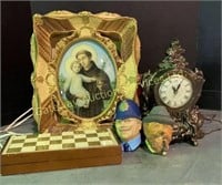 Assorted Items: Clock, Chess Game, 2 Wall Hangings