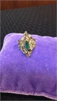 14K FREE FORM RING W MARQUISE EMERALD AND DIAMONDS