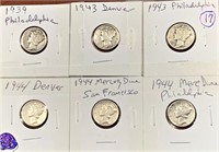 6 Mercury US silver Dimes 1939-1944