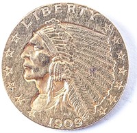 Coin 1909 Indian Head Gold $2.50 Quarter Eagle