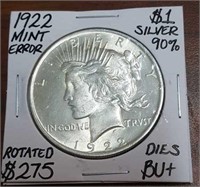 1922 Mint Error Peace Dollar- Graded BU+