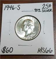 1946S Washington Silver Quarter- Graded MS66