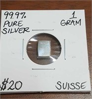 99.9% Pure Silver 1 Gram Suisse Bar
