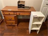 Wood desk w/in & out file & white 2 shelf cabinet