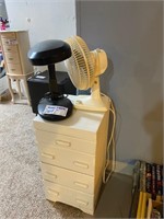 Oscilating fan, desk lamp & 4 drawer cabinet