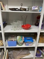 4 shelves of glass ware & craft items
