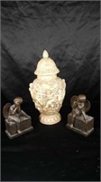 Bronze Angel Bookends & Ceramic Ginger Jar