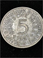 1951 Silver 5 Deutsch Mark Coin