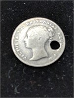 1860 Silver Three-Pence Coin w/Hole