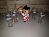 Frisch's Bigboy bank, 4 coke glasses