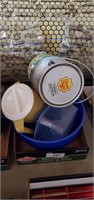 Plastic Mixing Bowl, Water Pitcher, & Tin