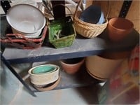 Two Shelves Of Pots, Planters, Baskets