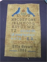 unframed sampler by Etta Brown 1886