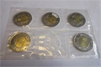 2016 $2.00 circulation coins - five pieces