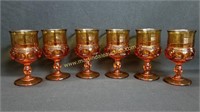 6) Vintage Amber Glass Kings Thumb Print Goblets