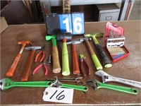 ASSORTED HAMMERS, CRESENT WRENCHES & MORE