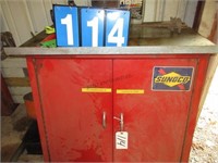 2 DOOR TIN CABINET, JERRY CANS , & JUMPERS