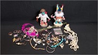 2 Small Kachina Dolls & Misc Jewelry