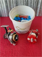 ABU SWEDEN AND PENN REELS BUCKET OF SPINNERS