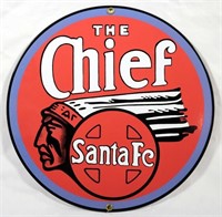 Porcelain Santa Fe Chief Gasoline Badge Sign