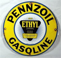 Porcelain Pennzoil Ethyl Gasoline Badge Sign