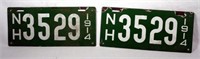 Matched Pair of Porcelain 1914 NH License Plates