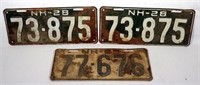 Matched Pair of 1928  NH License Plates + Single