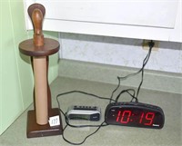 Pair of Alarm Clocks and a Wooden Paper Towel