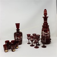 (2) Red Cut to Clear Czech Decanter Sets