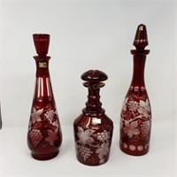 (3) Ruby Glass Decanters Czech Cut to Clear