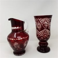 (2) Ruby Glass Bohemia Cut to Clear