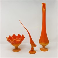 (3) Orange Slag Glass-Bird-Vases