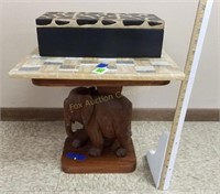 Wood Carved Elephant Stand w/Marble Chess Board &