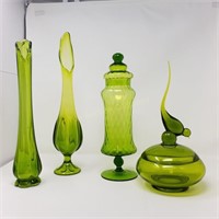 (4) Green Glass-Bird Dish-Vases-Jar