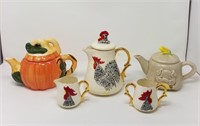 (3) Teapots-Pumpkin-Pig-Rooster w/ Sugar/Creamer