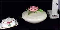 (2) Rose Covered Dishes-England Butter Dish-Bowl