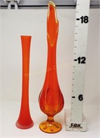 (2) Mod Orange Glass Tall Vases