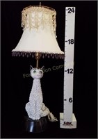 Italy-Ceramic Cat Lamp w/ Beaded Shade