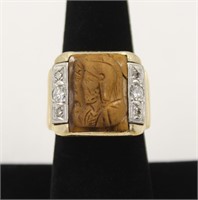 Mens 10KT Yellow Gold Tiger Eye & Diamond Ring