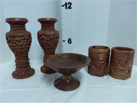 Wooden Candleholders, Pedestal Bowl & Mugs