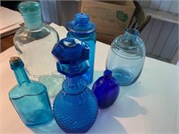 LOT- BLUE GLASS BOTTLES AND VASES