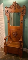 ANTIQUE OAK HALL TREE WITH LIFT TOP SEAT