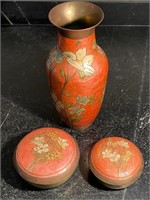 CLOISONNE VASE AND 2 COVERED DISHES
