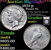 *Highlight* 1921-p Peace $1 Graded Select+ Unc