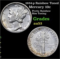 1934-p Rainbow Toned Mercury 10c Grades Select AU