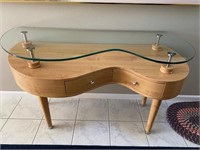 Curved Wood Table w/2 drawers & glass top